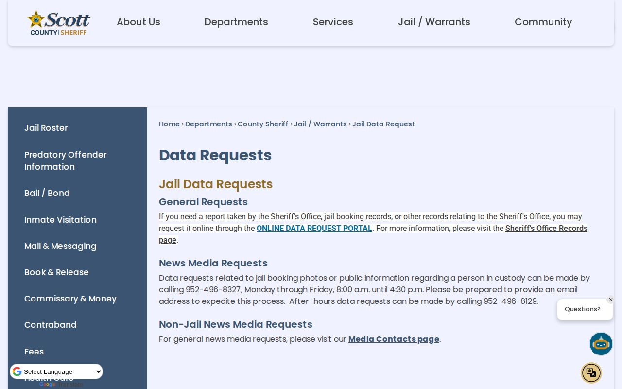 Scott County released inmate booking record and photo request page