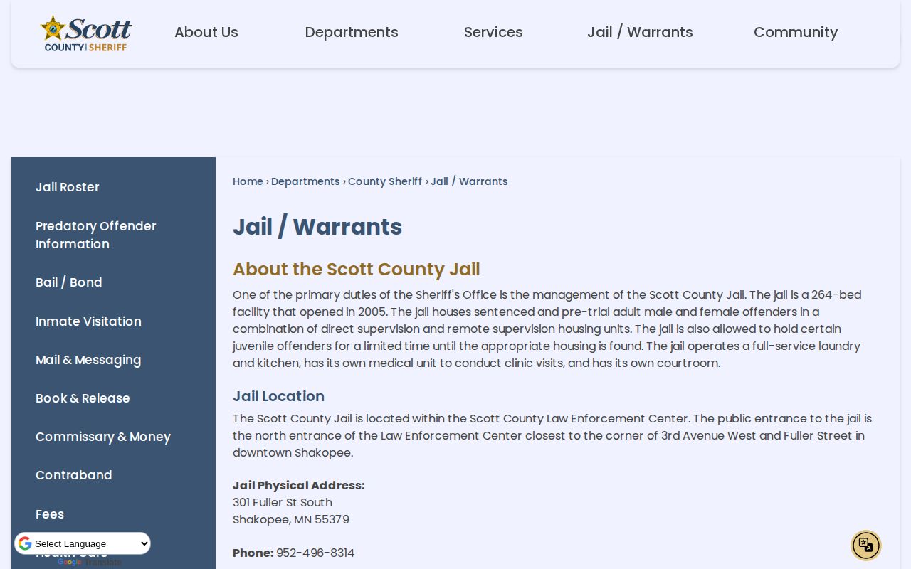 Scott County Jail entrance and release contact information