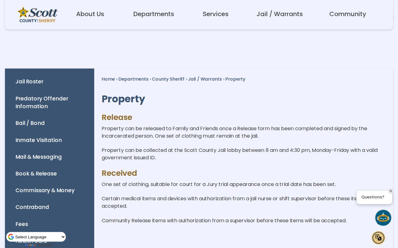 Scott County released inmate property pickup instructions