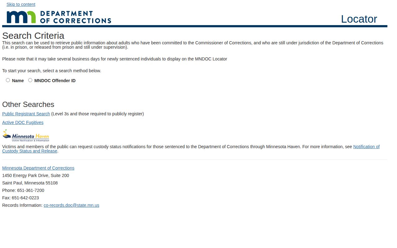 MNDOC search screen for Scott County released state inmates