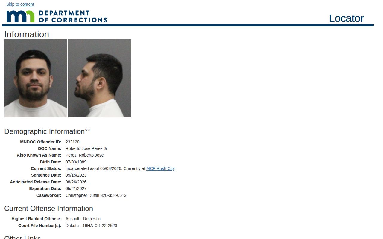 Scott County inmate projected release date field in MNDOC