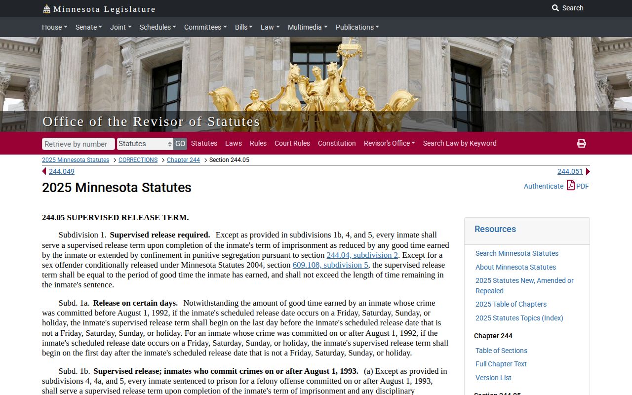 Minnesota statute affecting Scott County projected release dates