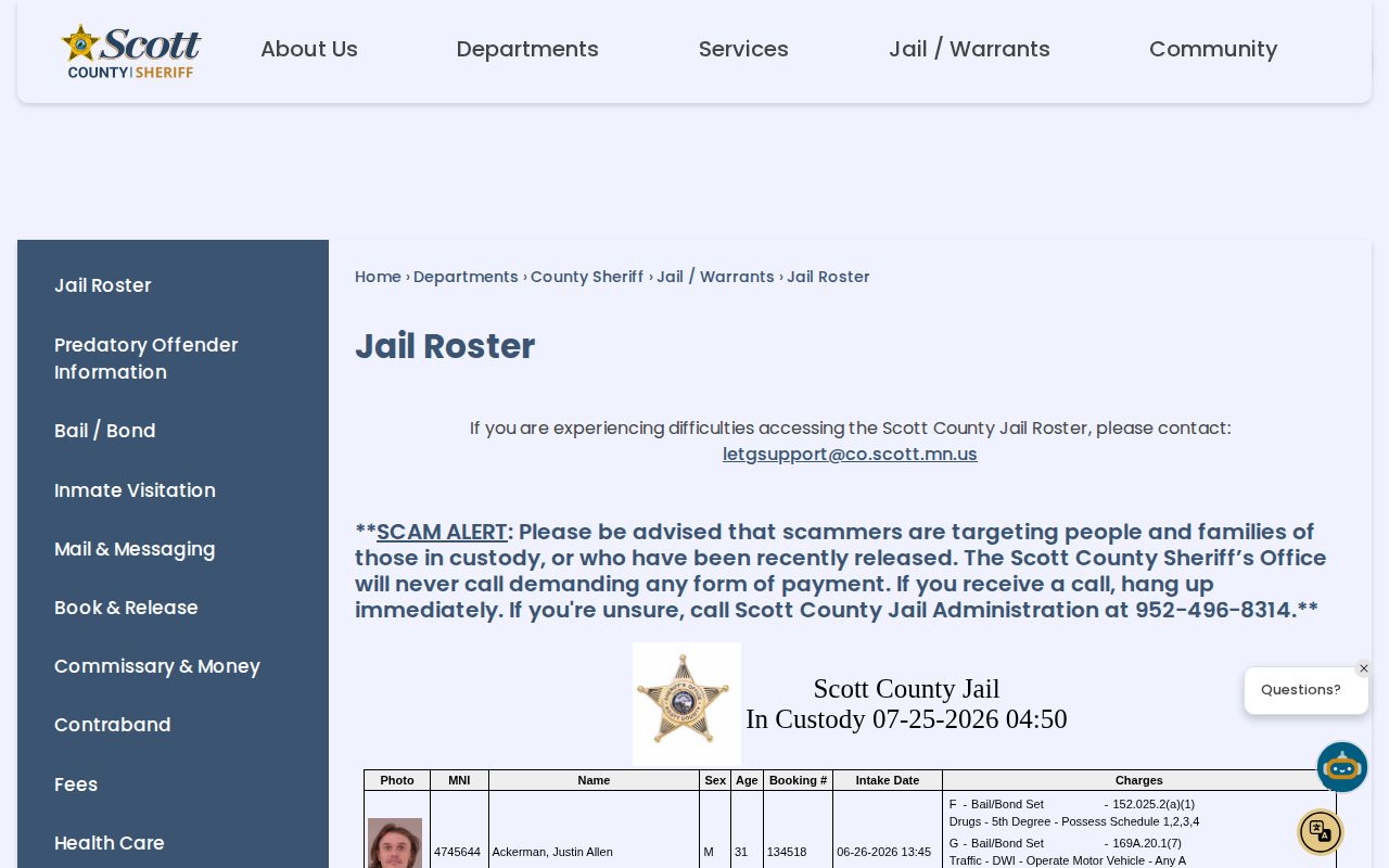 Scott County released inmates current roster label and scam warning
